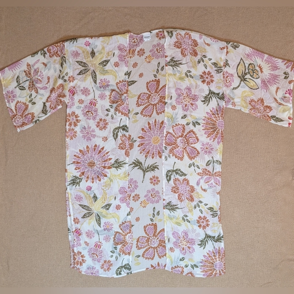 Sonoma Cream Multicolor Floral Patterned Sheer Open Front Kimono